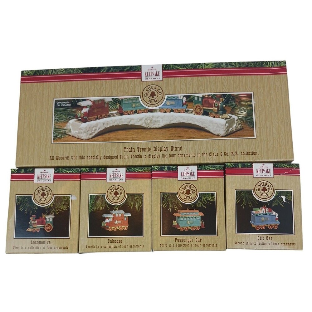 1991 Hallmark Keepsake Claus & Co R.R. Train Christmas Ornament Set Stand